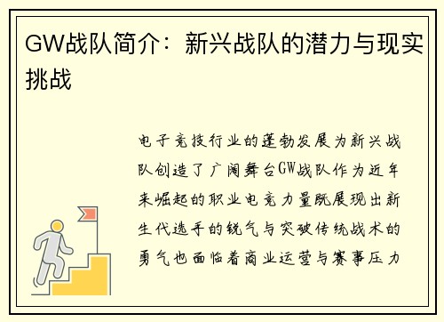 GW战队简介：新兴战队的潜力与现实挑战
