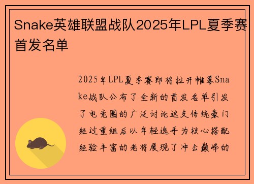 Snake英雄联盟战队2025年LPL夏季赛首发名单
